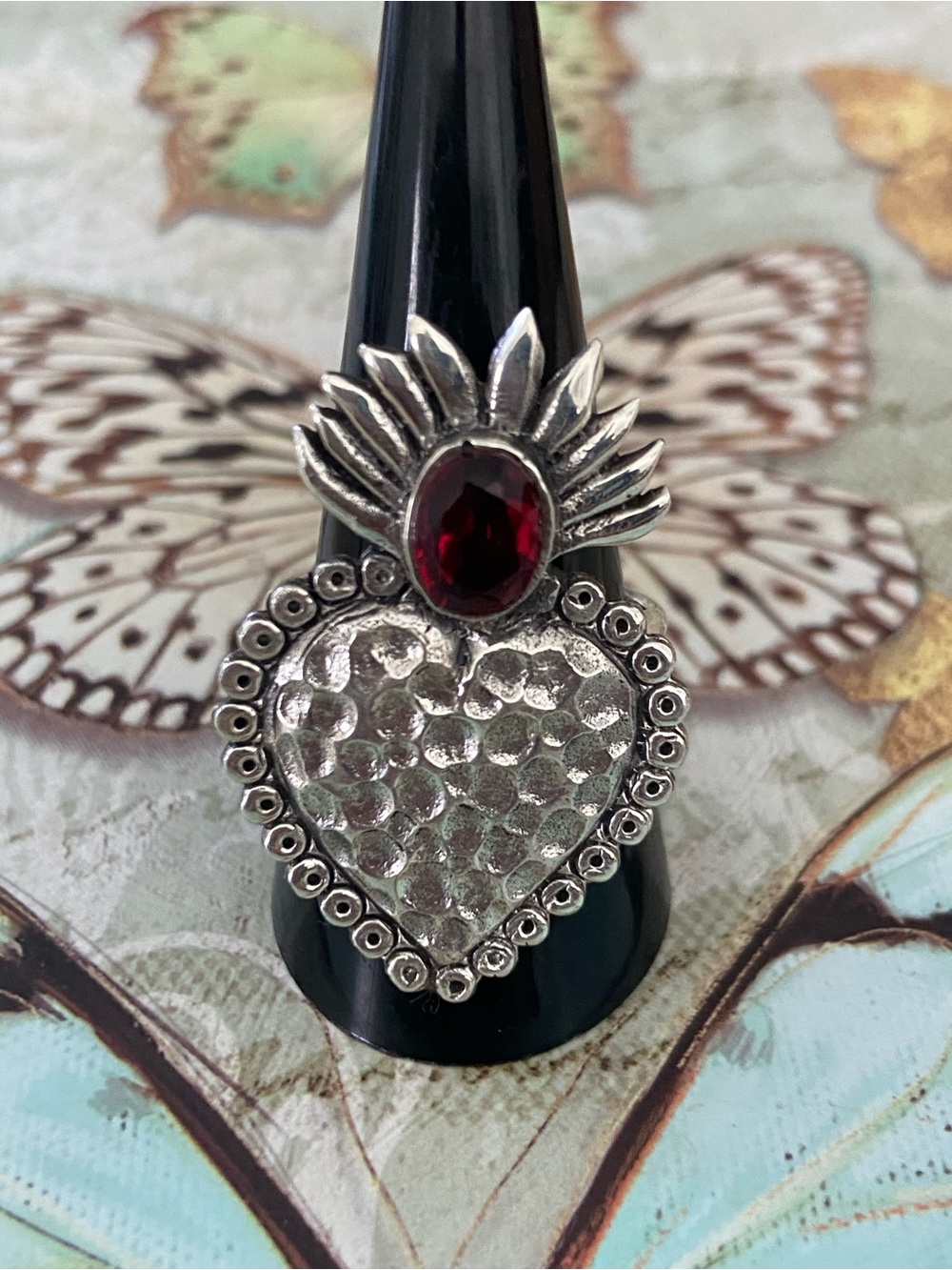 Silver 925 Frida  Heart Ring with Deep Red Stone